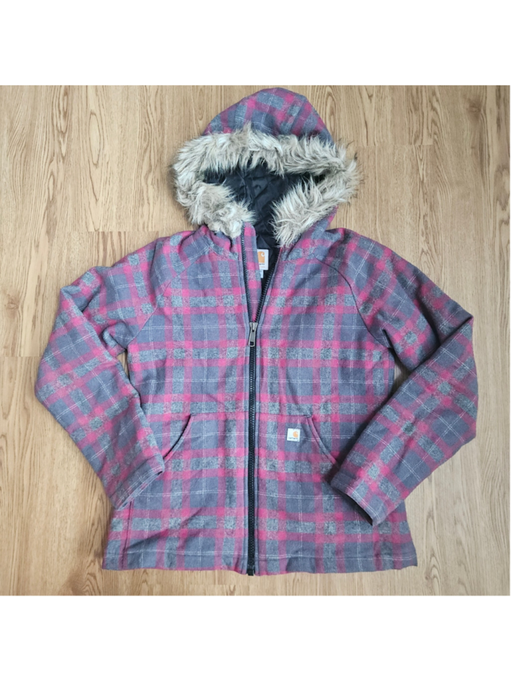 Carhartt Plaid Wool Blend Faux Fur Hood Quilted Gray Pink Full Zip Jacket ST